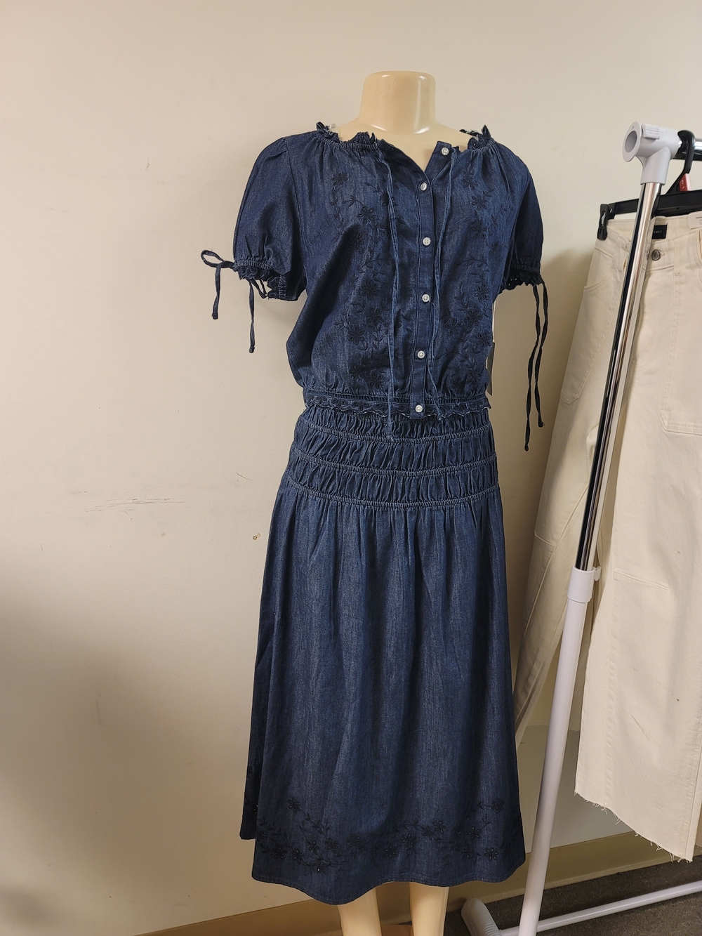Women's Navy Blue Embroidered Denim Set.